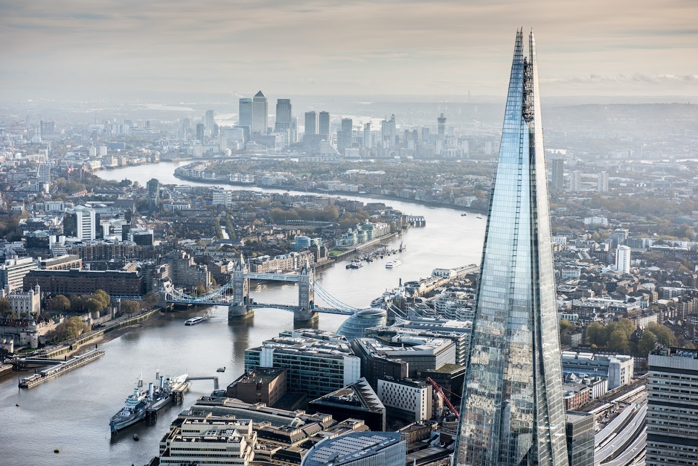 The Shard, River Thames and Tower Bridge, London.
